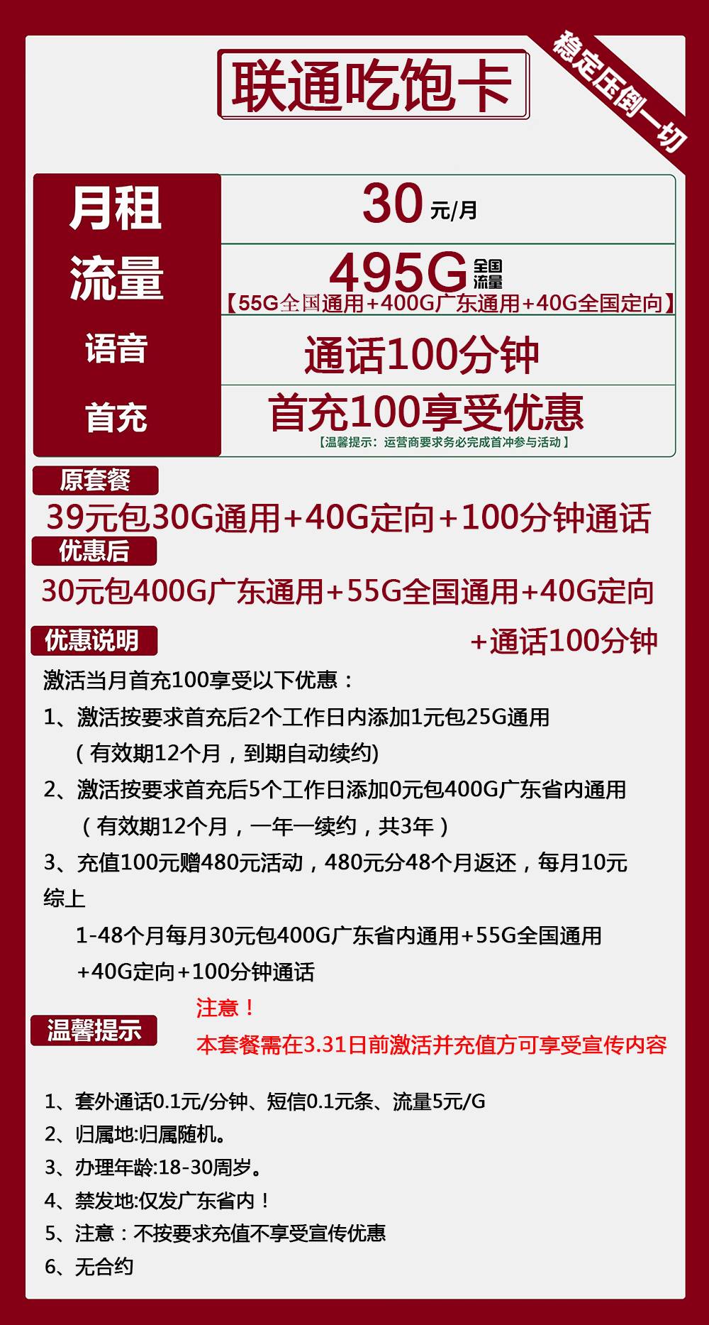 联通吃饱卡30元包400G广东通用+55G全国通用+40G定向+100分钟