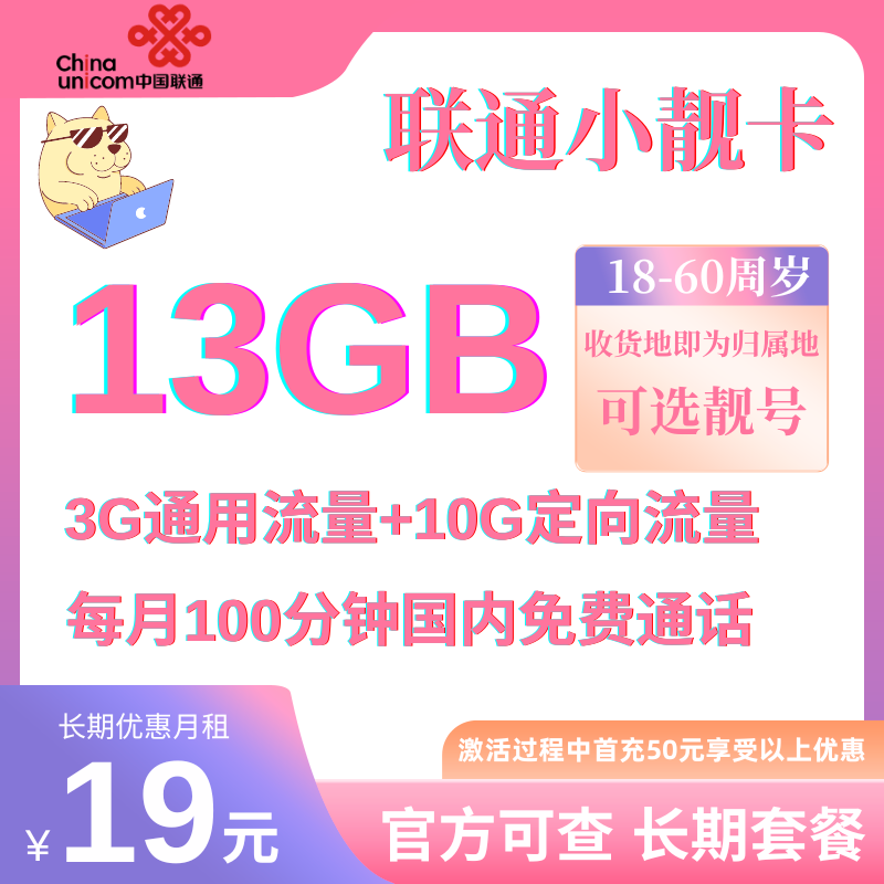 中国联通小靓卡②19元13G全国流量+100分钟（长期套餐）