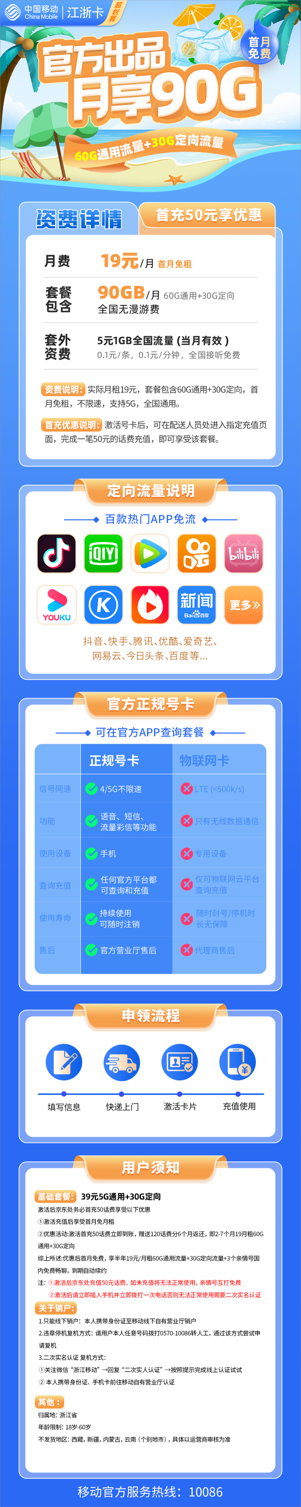 MF移动江浙卡19元包60G通用流量+30G定向流量