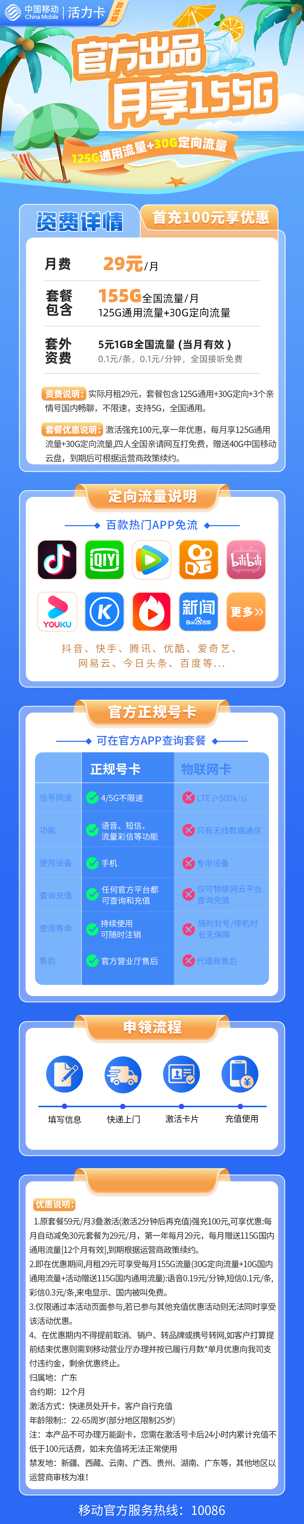 移动活力卡29元包125G通用流量+30G定向流量