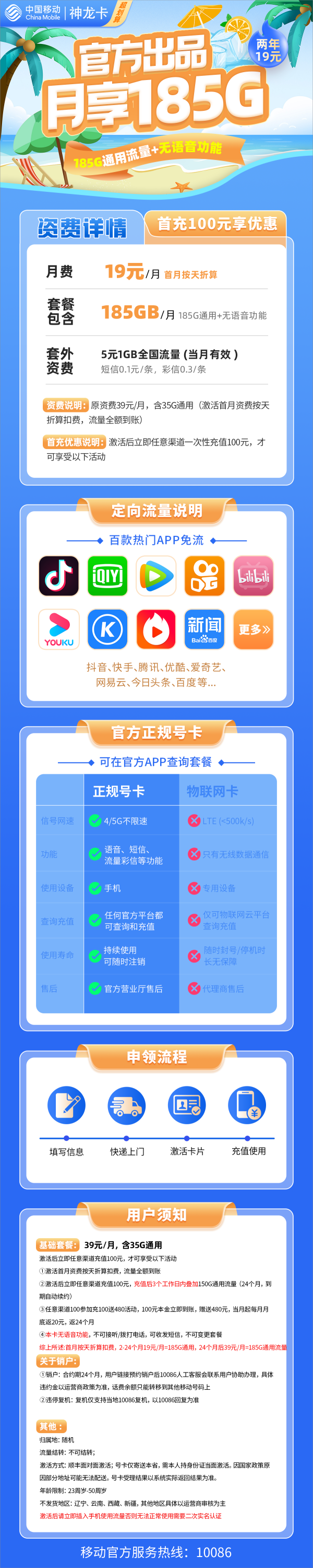 移动神龙卡19元包185G通用流量