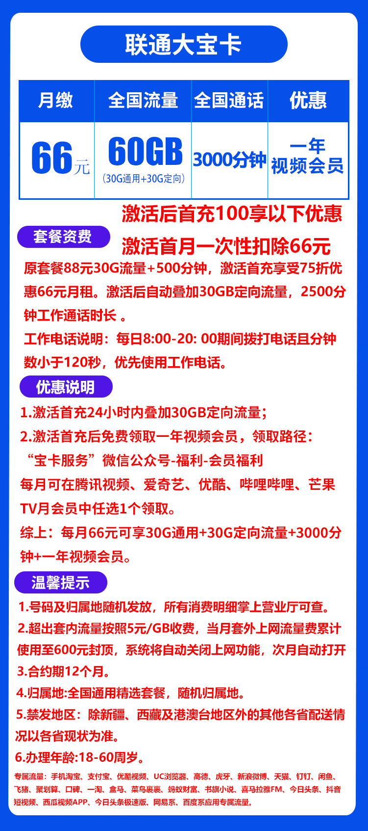 联通大宝卡66元60G+3000分钟（长期套餐，一年视频会员）