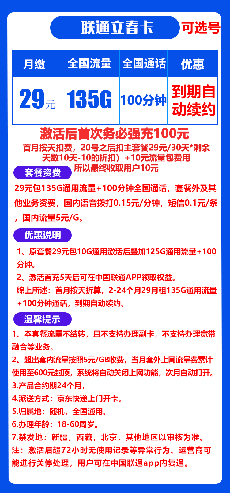 联通立春卡29元135G+100分钟（到期自动续约）