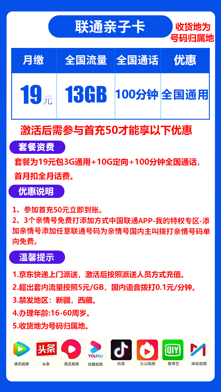 联通亲子卡19元13G+100分钟（收货地为归属地，可选号）