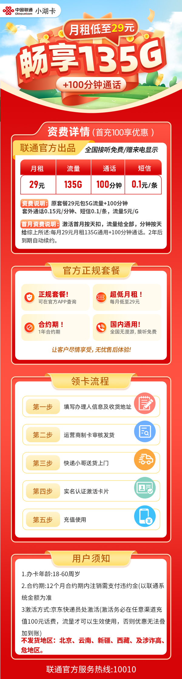 联通小湖卡29元包135G通用流量+100分钟通话