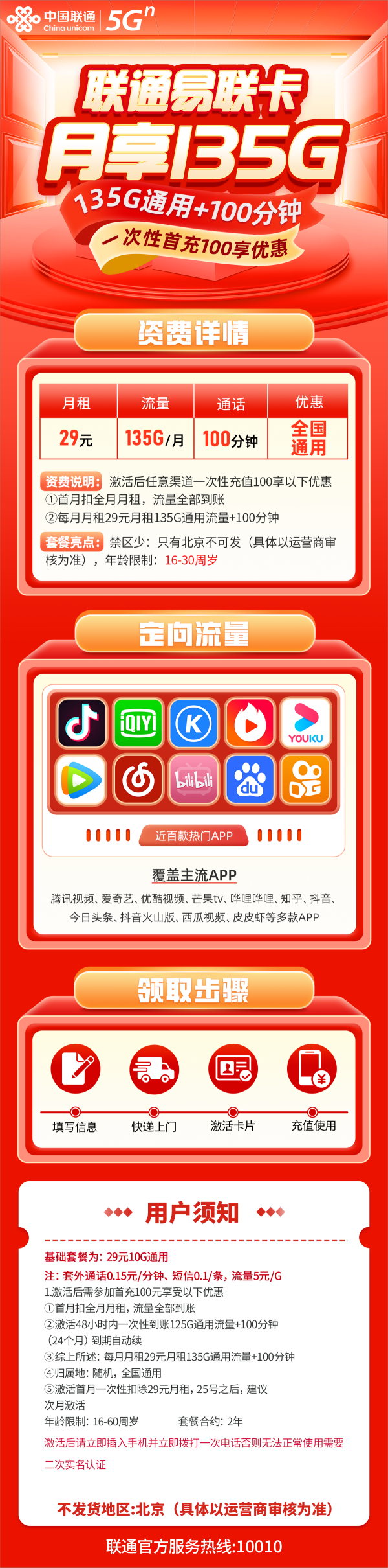 联通易联卡29元包135G通用流量+100分钟通话