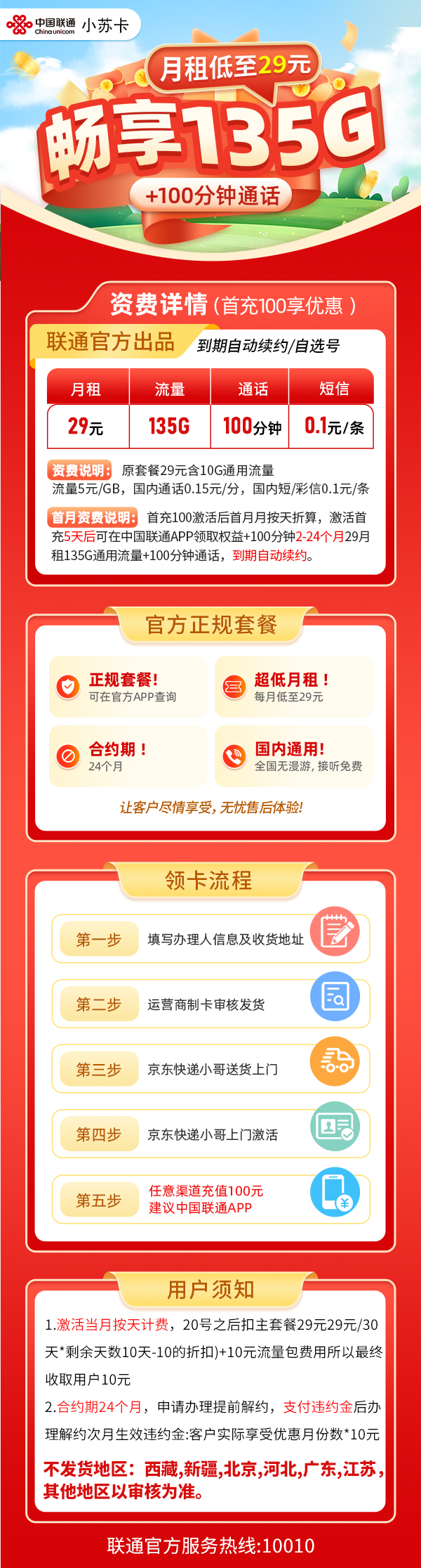 MF联通小苏卡29元包135G通用流量+100分钟通话
