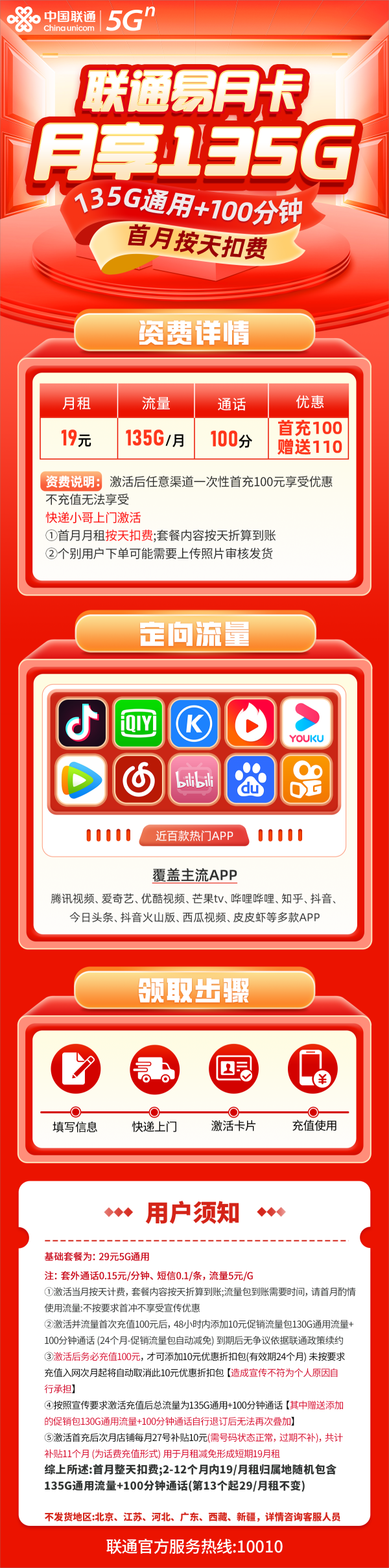 联通易月卡19元包135G通用流量+100分钟通话