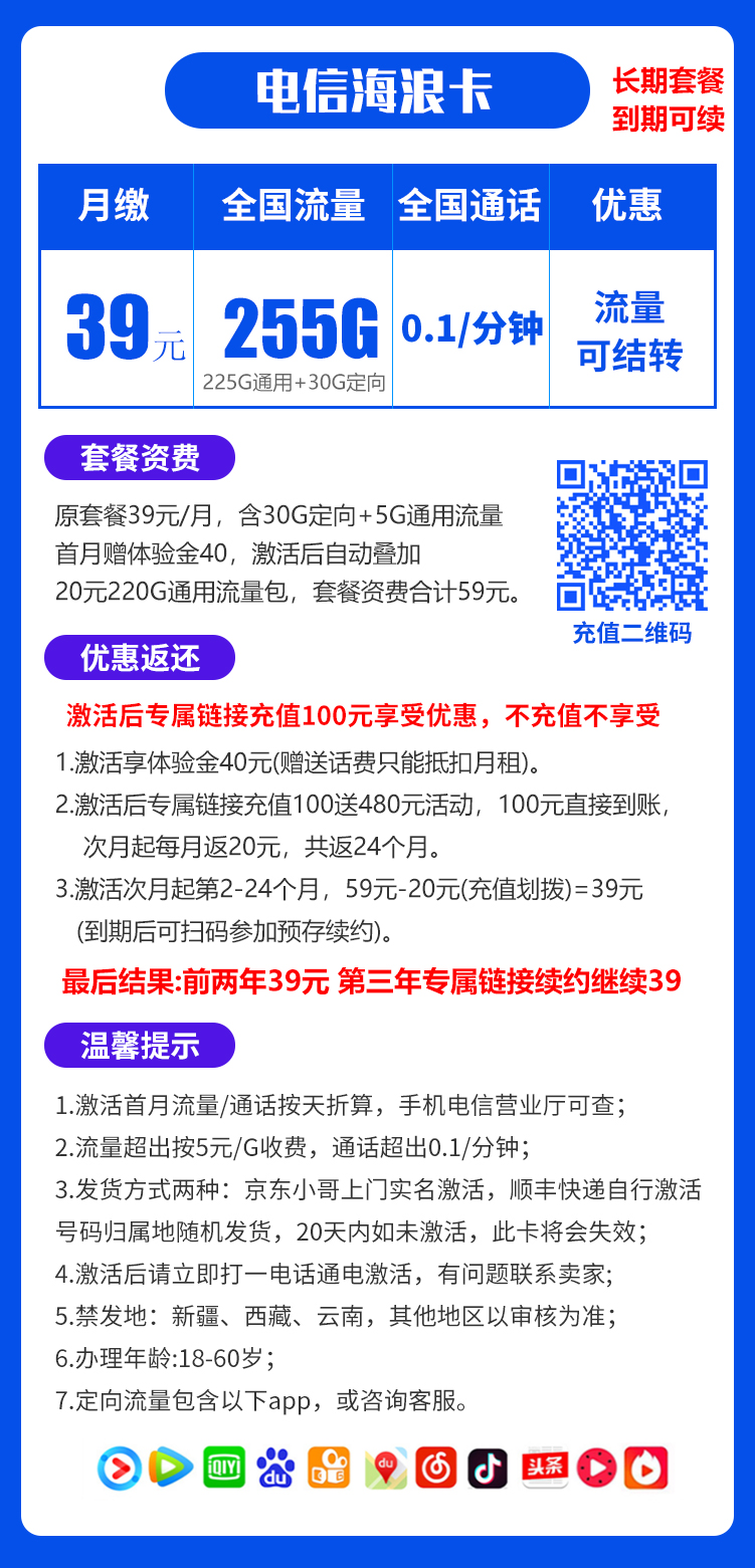 电信海浪卡39元255G+0.1元/分钟（到期可续）