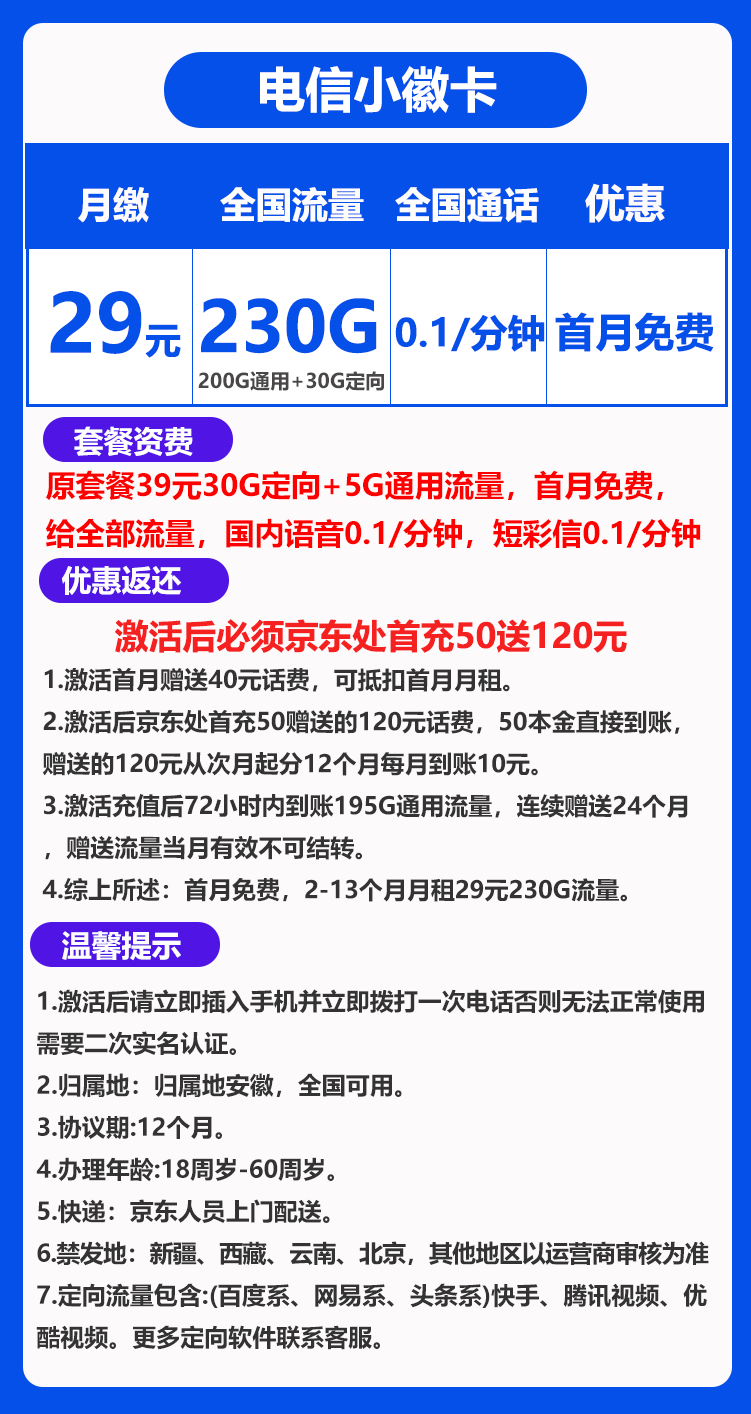电信小徽卡29元230G+0.1元/分钟