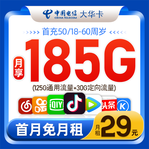 电信大华卡29元包155G通用流量+30G定向流量