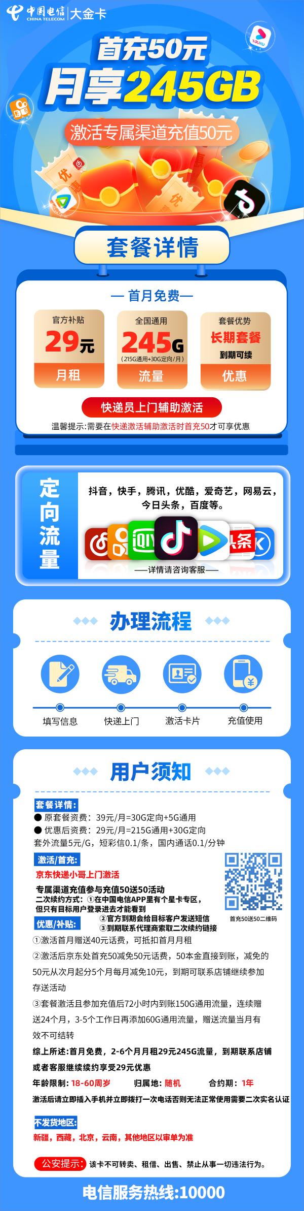 电信大金卡29元包215G通用流量+30G定向流量