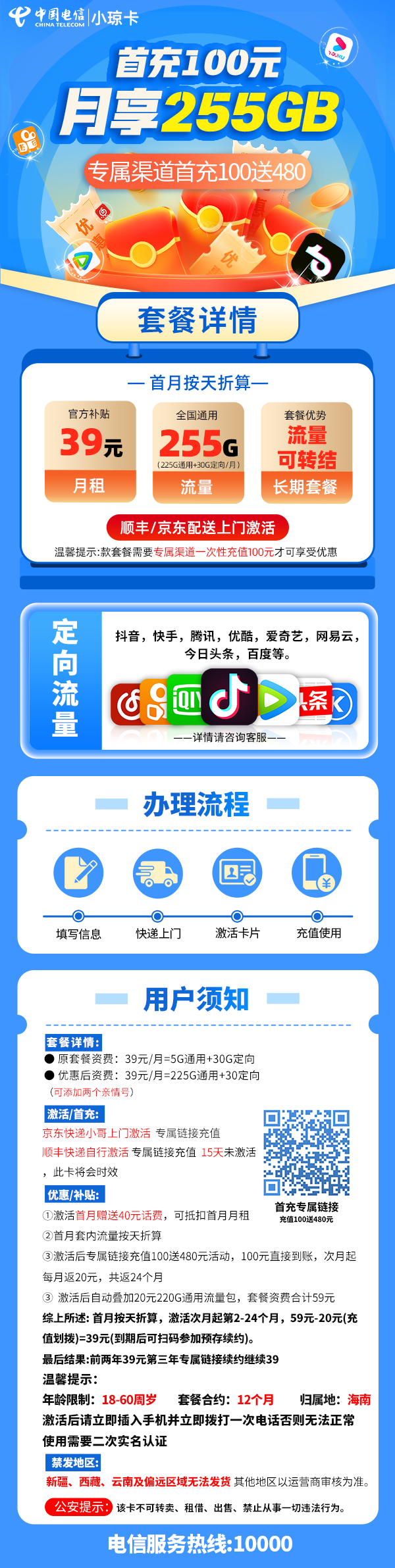 MF电信小琼卡39元包225G通用流量+30G定向流量
