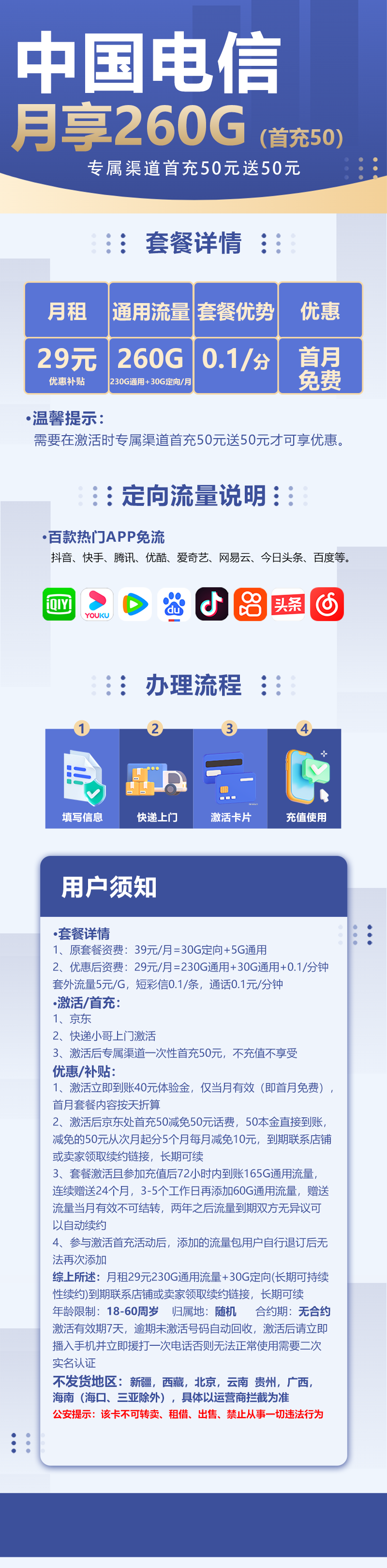 MF电信易浙卡29元包230G通用流量+30G定向流量