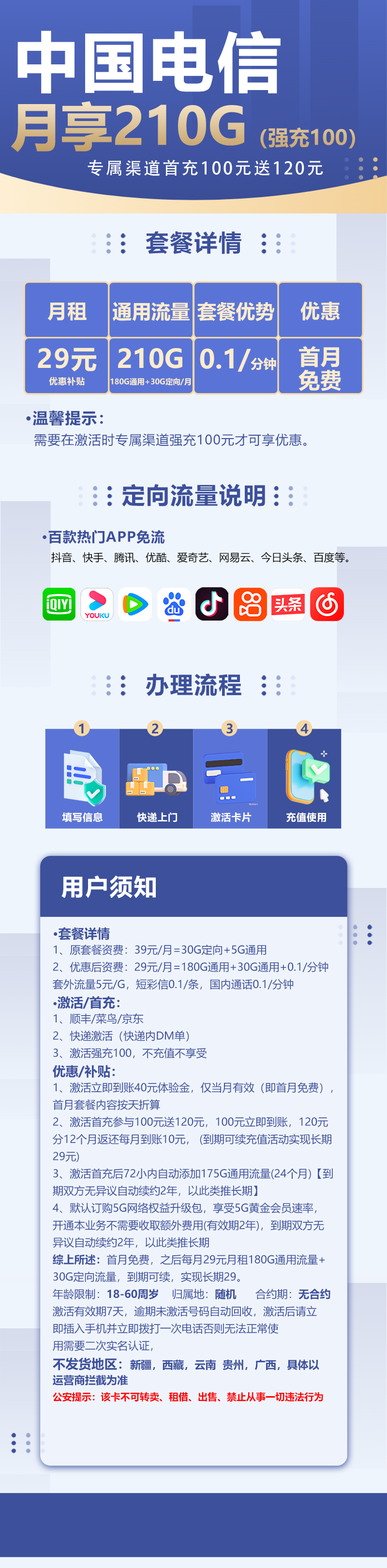 MF电信星汉卡29元包180G通用流量+30G定向流量
