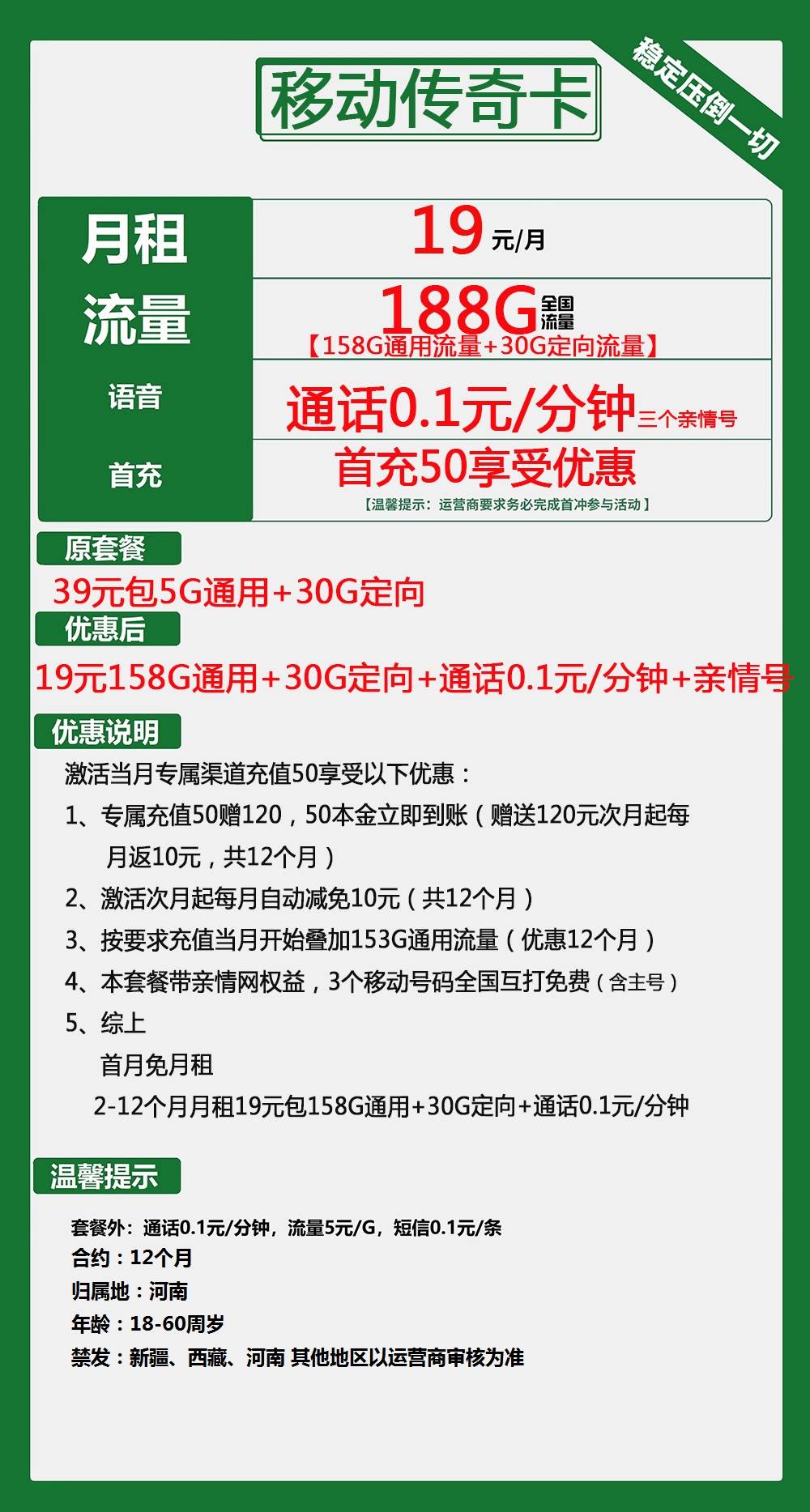 移动传奇卡19元包158G通用+30G定向+通话0.1元/分钟