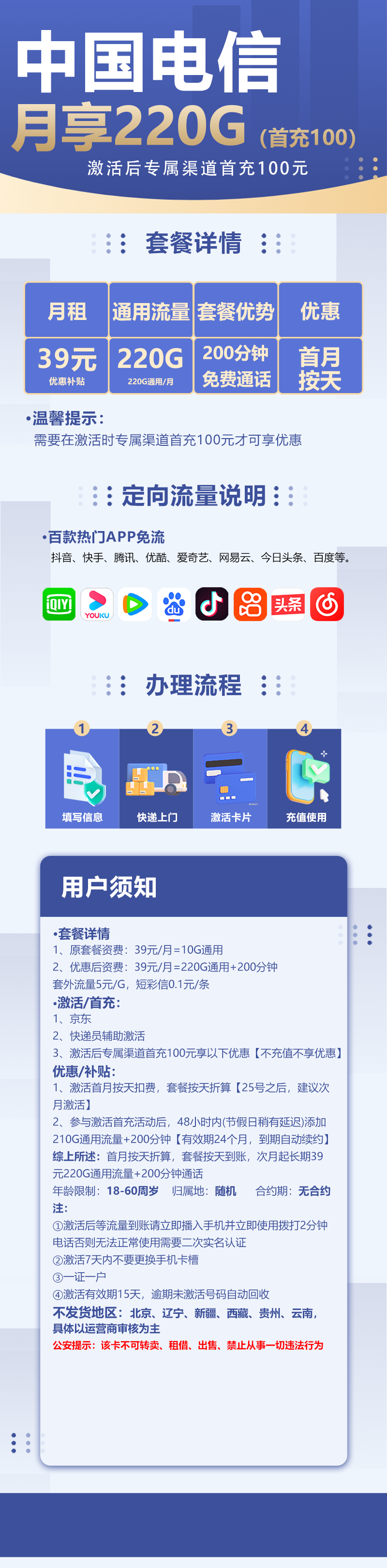 MF电信川渝卡39元包220G通用流量+200分钟通话