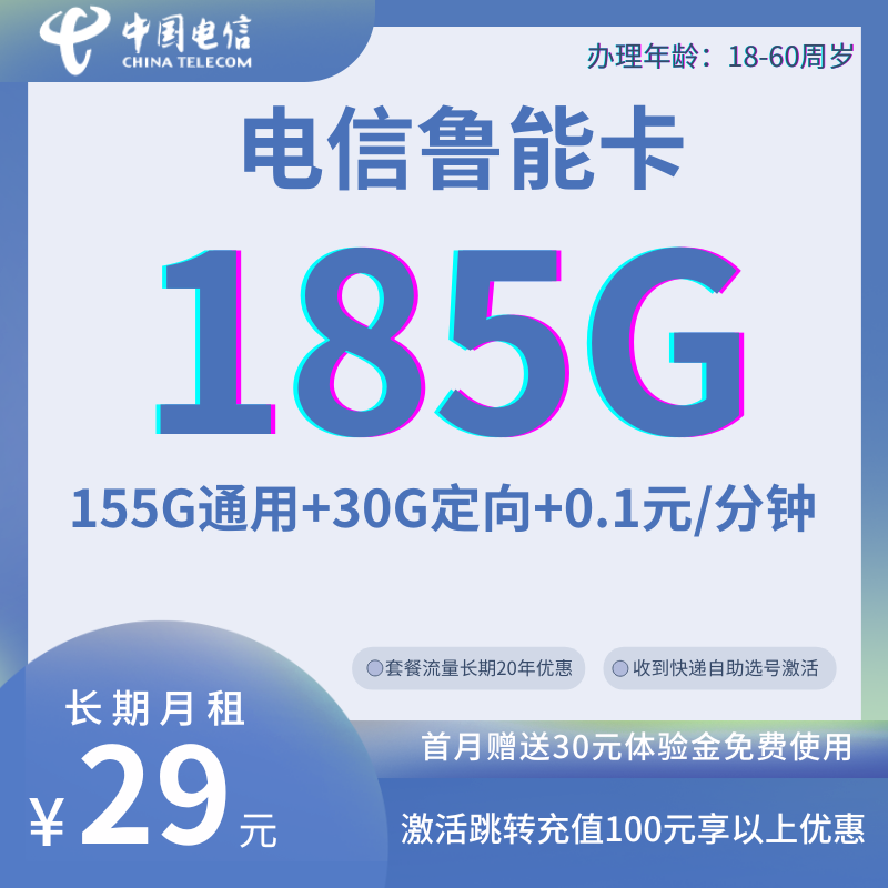 中国电信鲁能卡29元185G全国流量+0.1元/分钟（长期套餐）