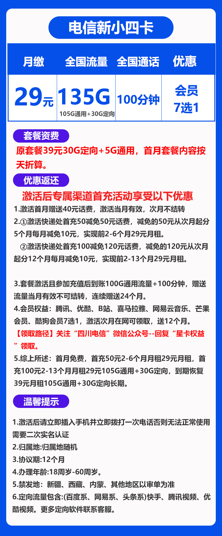电信新小四卡29元135G+100分钟（会员7选1）
