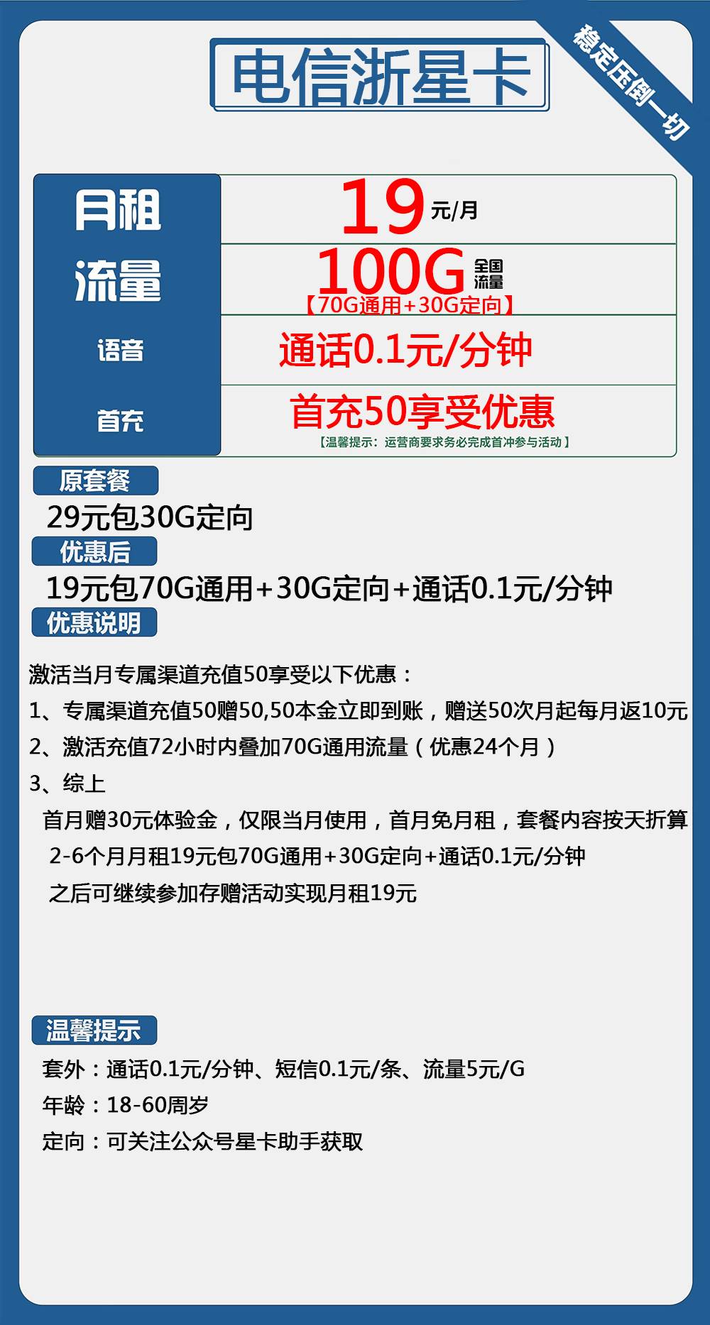 电信浙星卡19元包70G通用+30G定向+通话0.1元/分钟