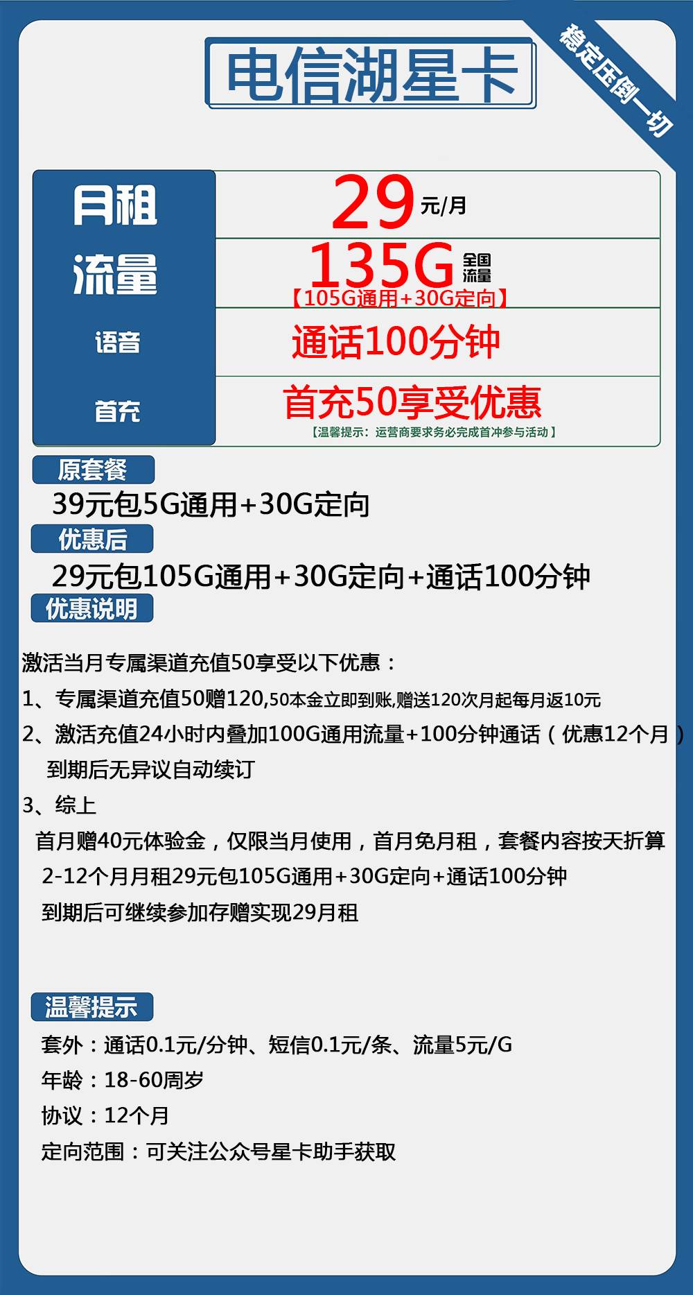 电信湖星卡29元包105G通用+30G定向+通话100分钟