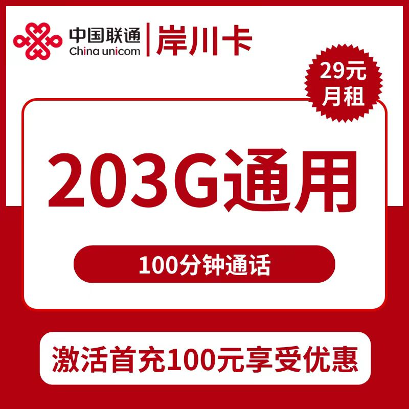 联通岸川卡29元包203G通用+100分钟