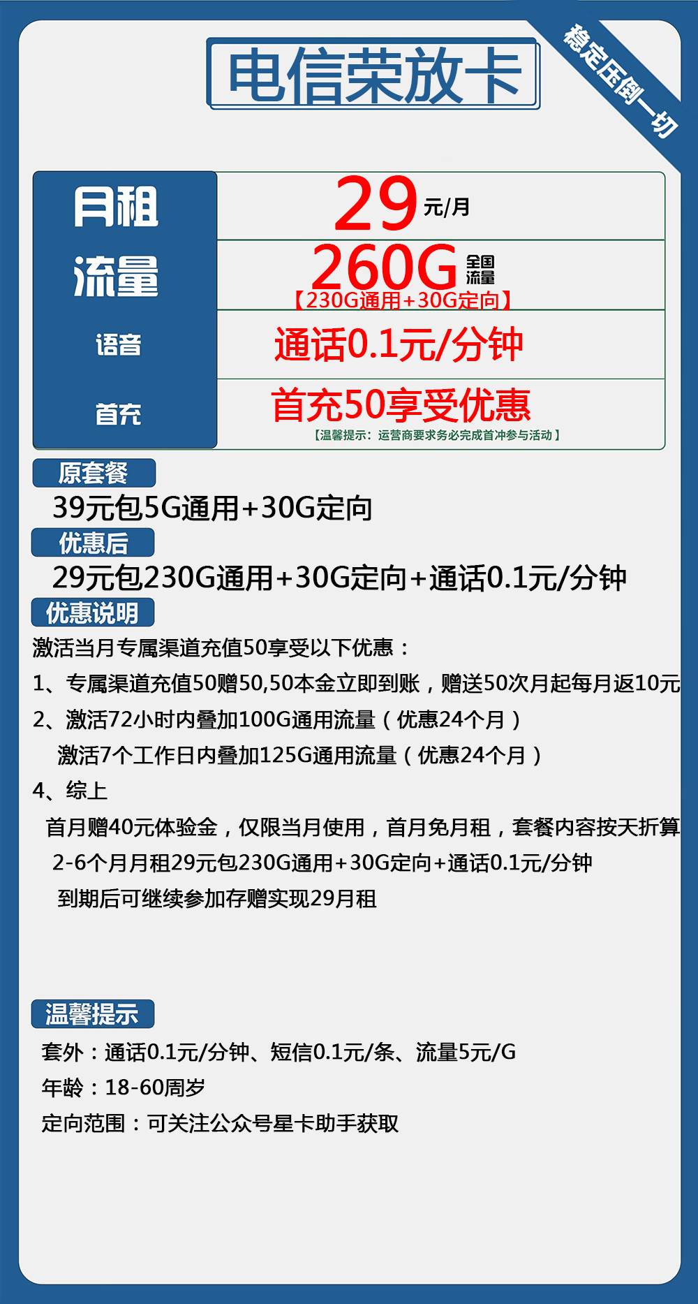 电信荣放卡29元包230G通用+30G定向+通话0.1元/分钟