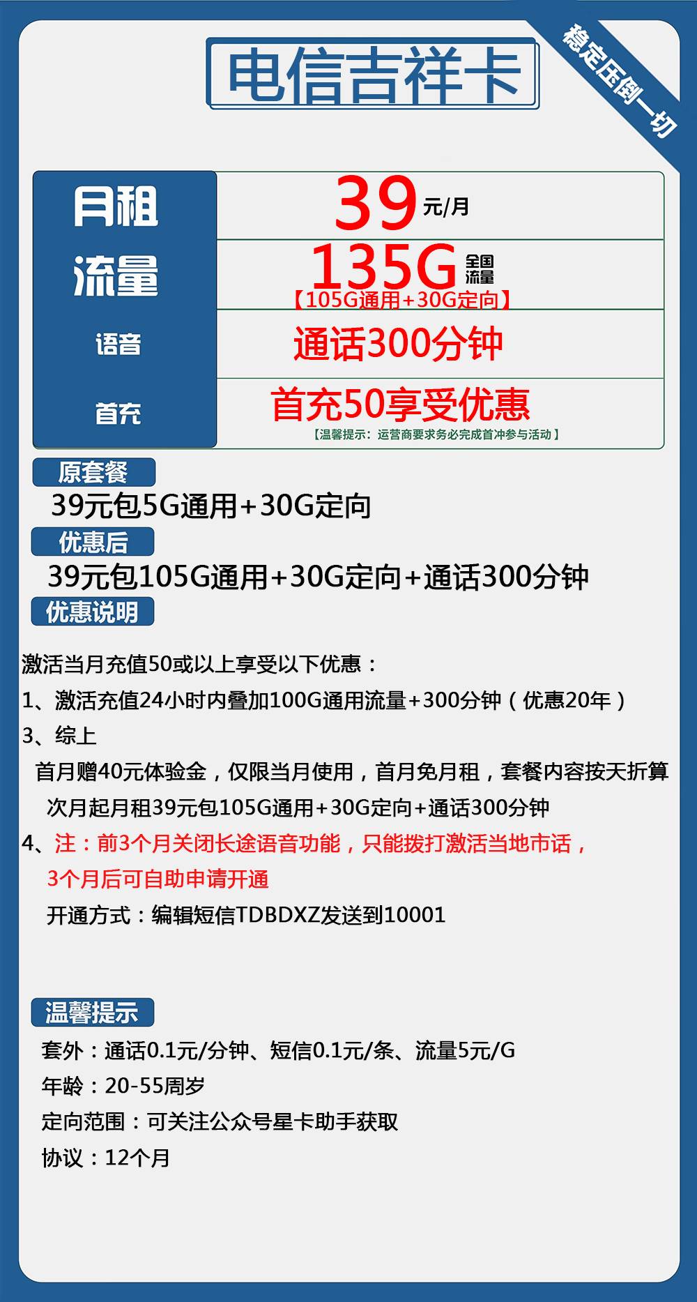 电信吉祥卡39元包105G通用+30G定向+300分钟通话