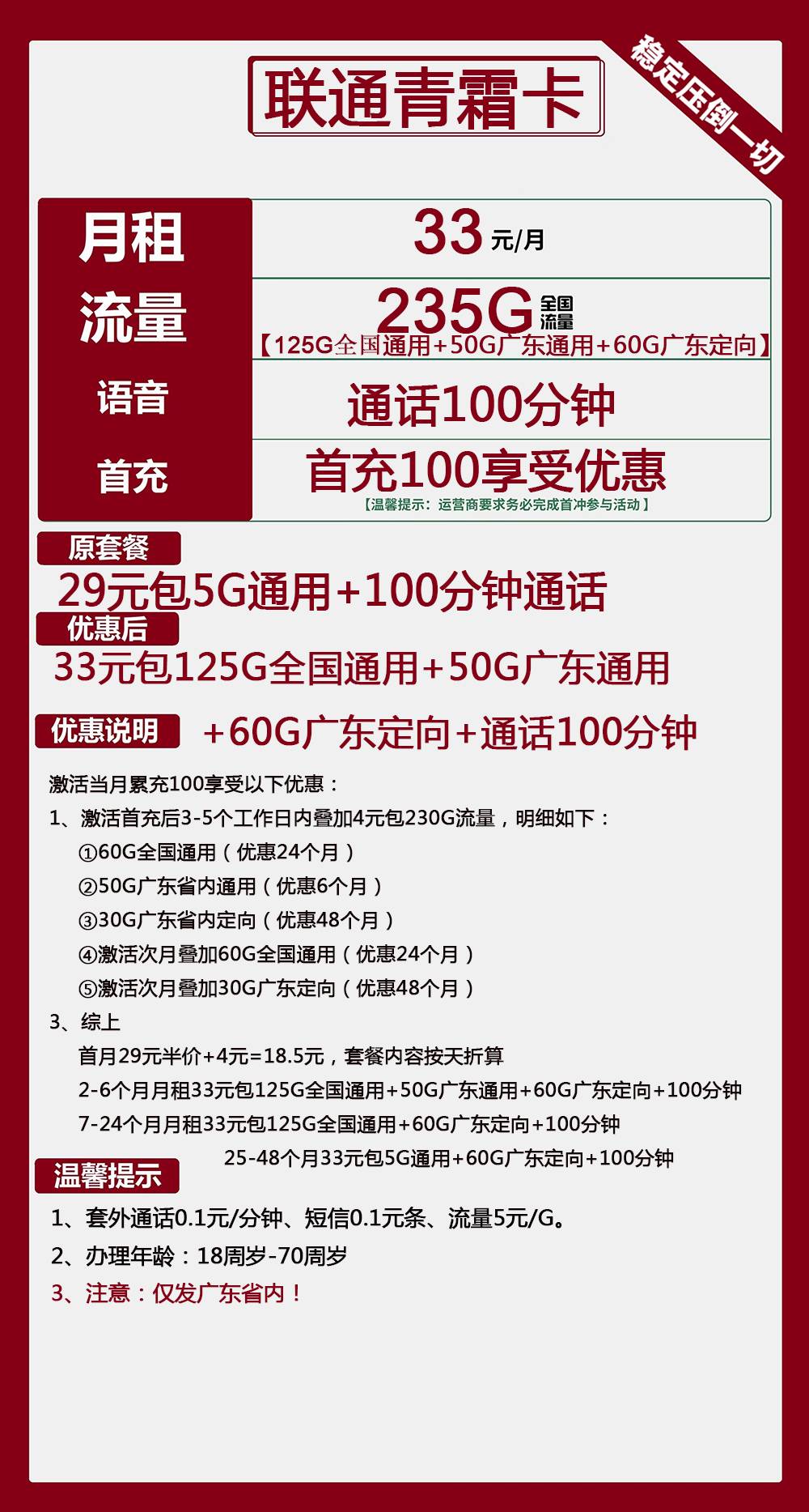联通青霜卡33元包125G全国通用+50G广东通用+60G广东定向+100分钟通话