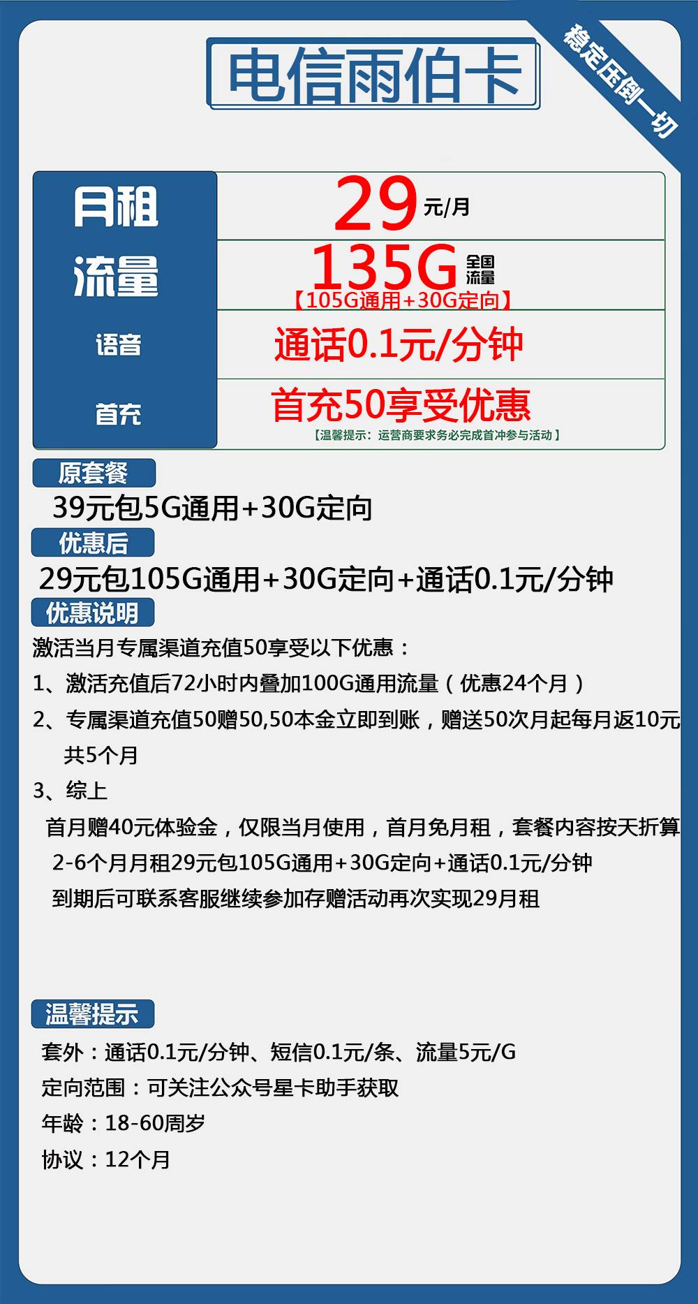 电信雨伯卡29元包105G通用+30G定向+通话0.1元/分钟