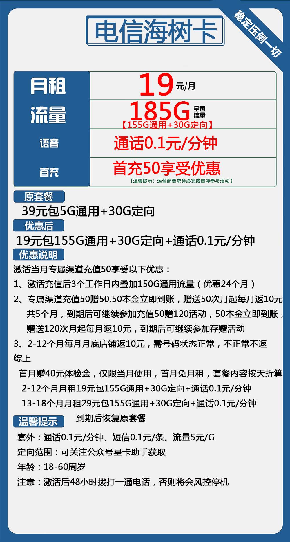 电信海树卡19元包155G通用+30G定向+通话0.1元/分钟