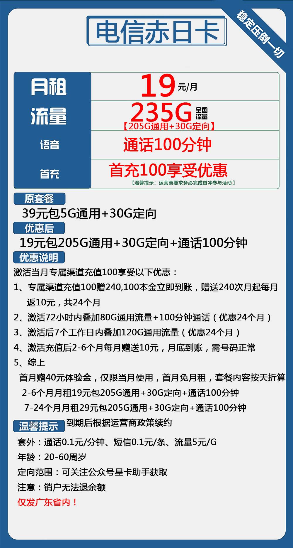 电信赤日卡19元包205G通用+30G定向+100分钟通话