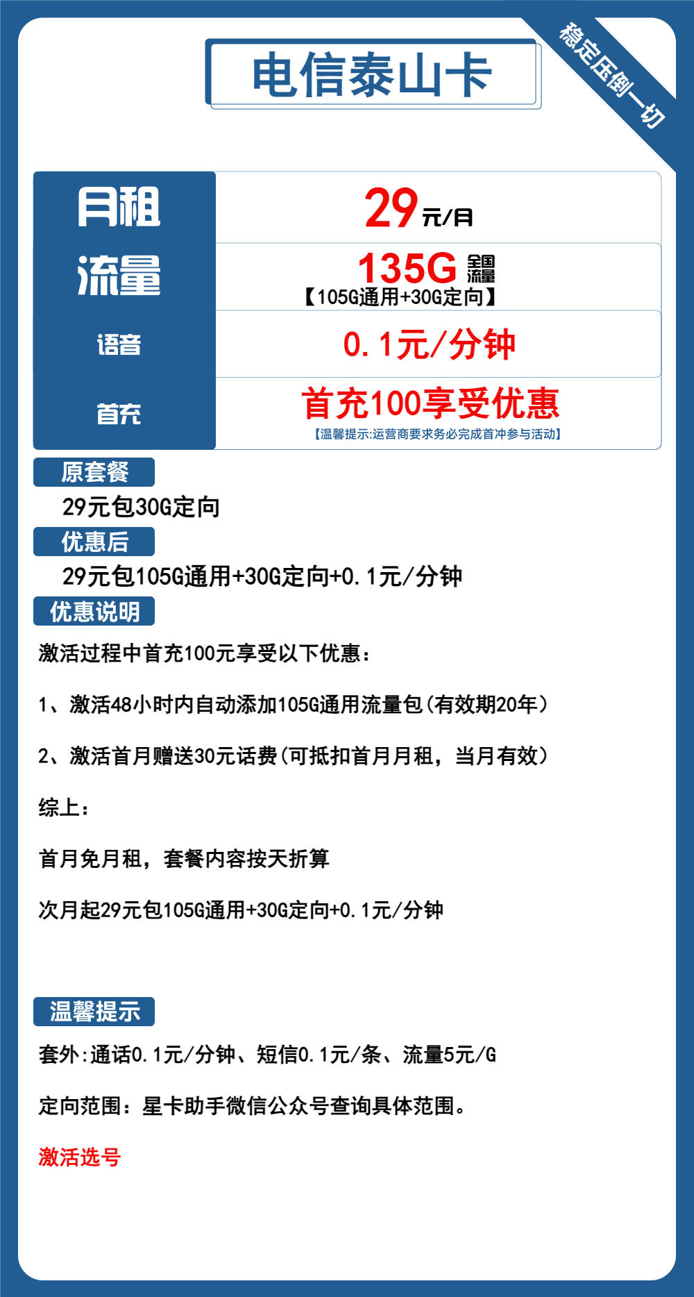电信泰山卡29元包105G通用+30GD定向+通话0.1元/分钟