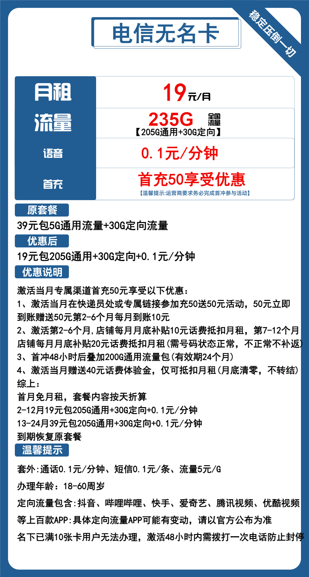 电信无名卡19元包205G通用+30G定向+通话0.1元/分钟