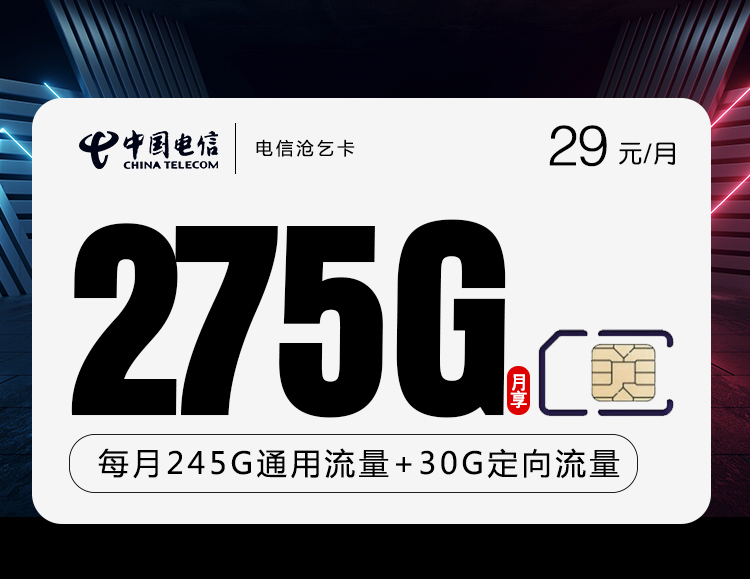 电信沧乞卡【29元275G+100分钟  长期29】