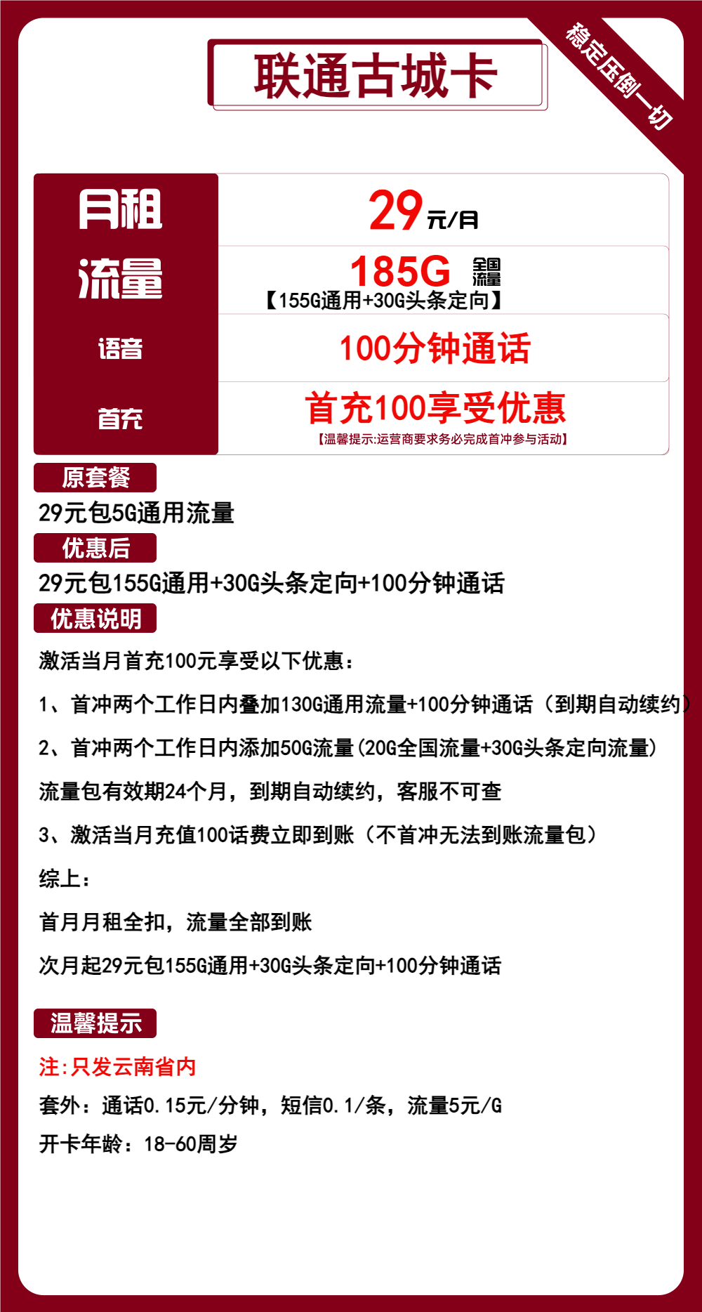 联通古城卡29元包155G通用+30G定向+100分钟通话