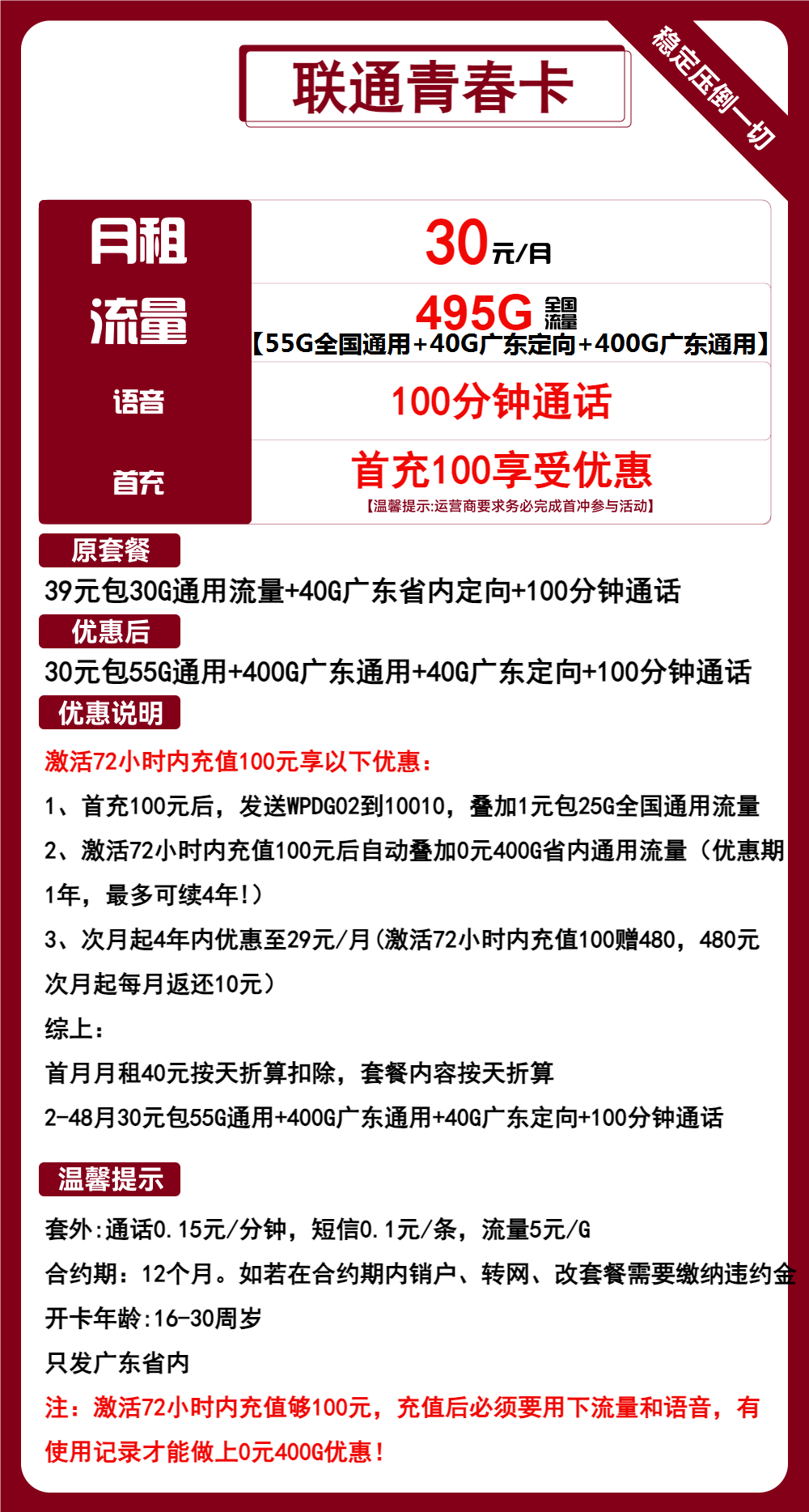 联通青春卡30元包400G广东通用+55G全国通用+40G定向+100分钟
