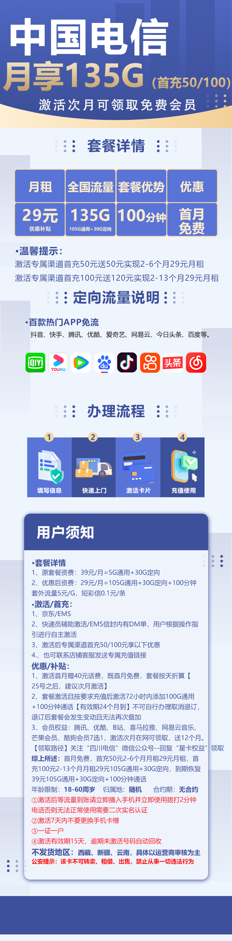 MF电信川星卡29元包75G通用流量+30G定向流量+100分钟通话