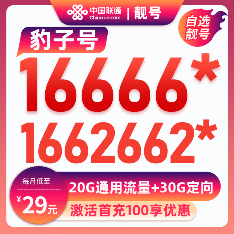 湛江靓号1662662***29元50G29元包20G通用流量+30G定向流量