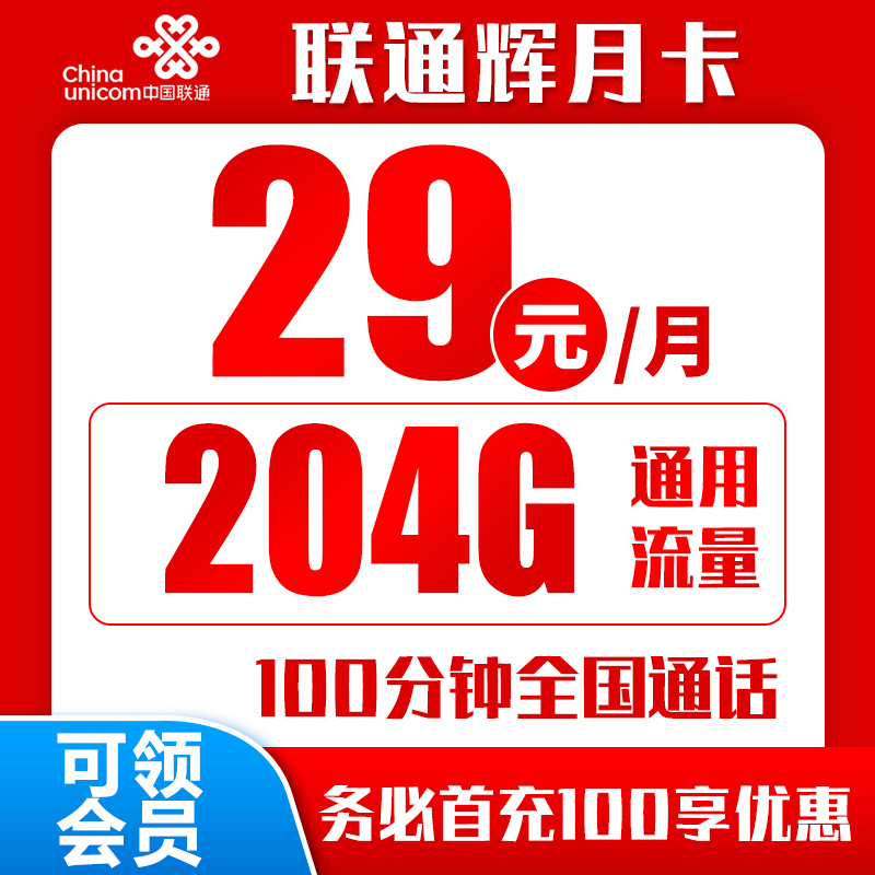 联通辉月卡29元204G+100分