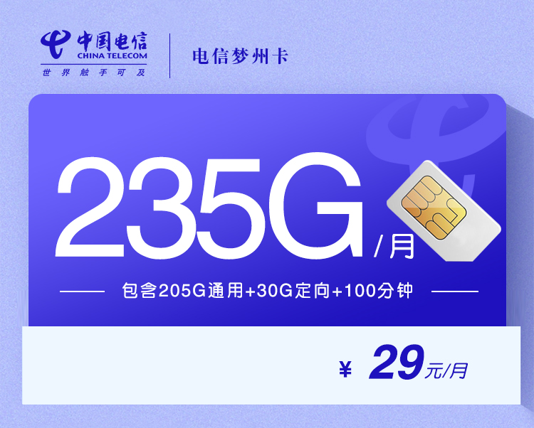 电信梦州卡【29元235G+100分钟】