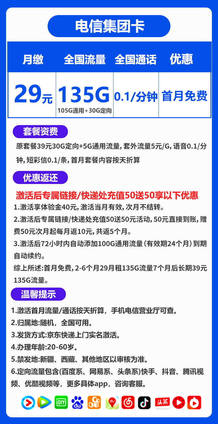 电信集团卡29元135G+0.1元/分钟（禁区少，发货率高）