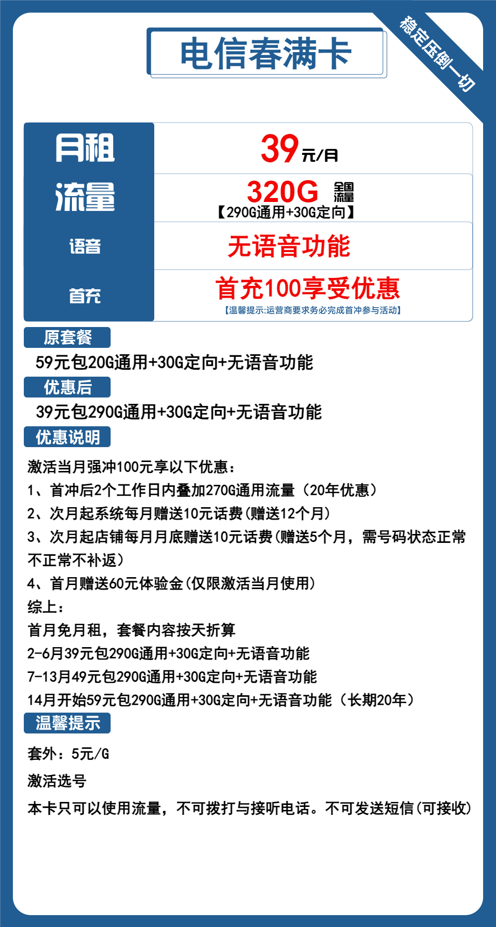 电信春满卡39元包290G通用+30G定向+无语音功能