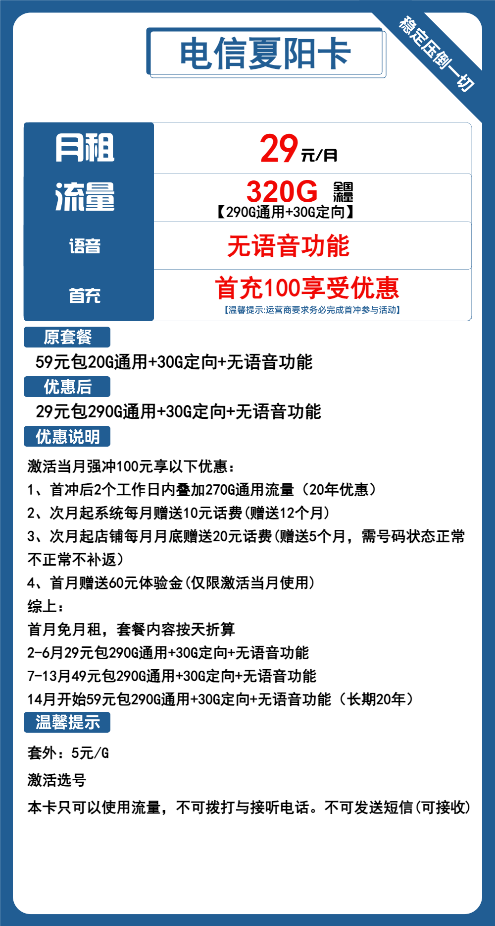电信夏阳卡29元包290G通用+30G定向+无语音功能