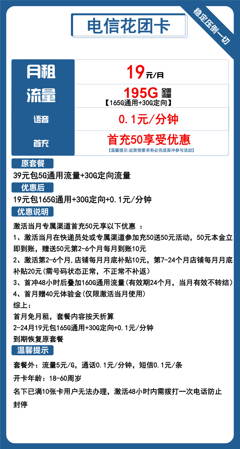 电信花团卡19元包165G通用+30G定向+通话0.1元/分钟