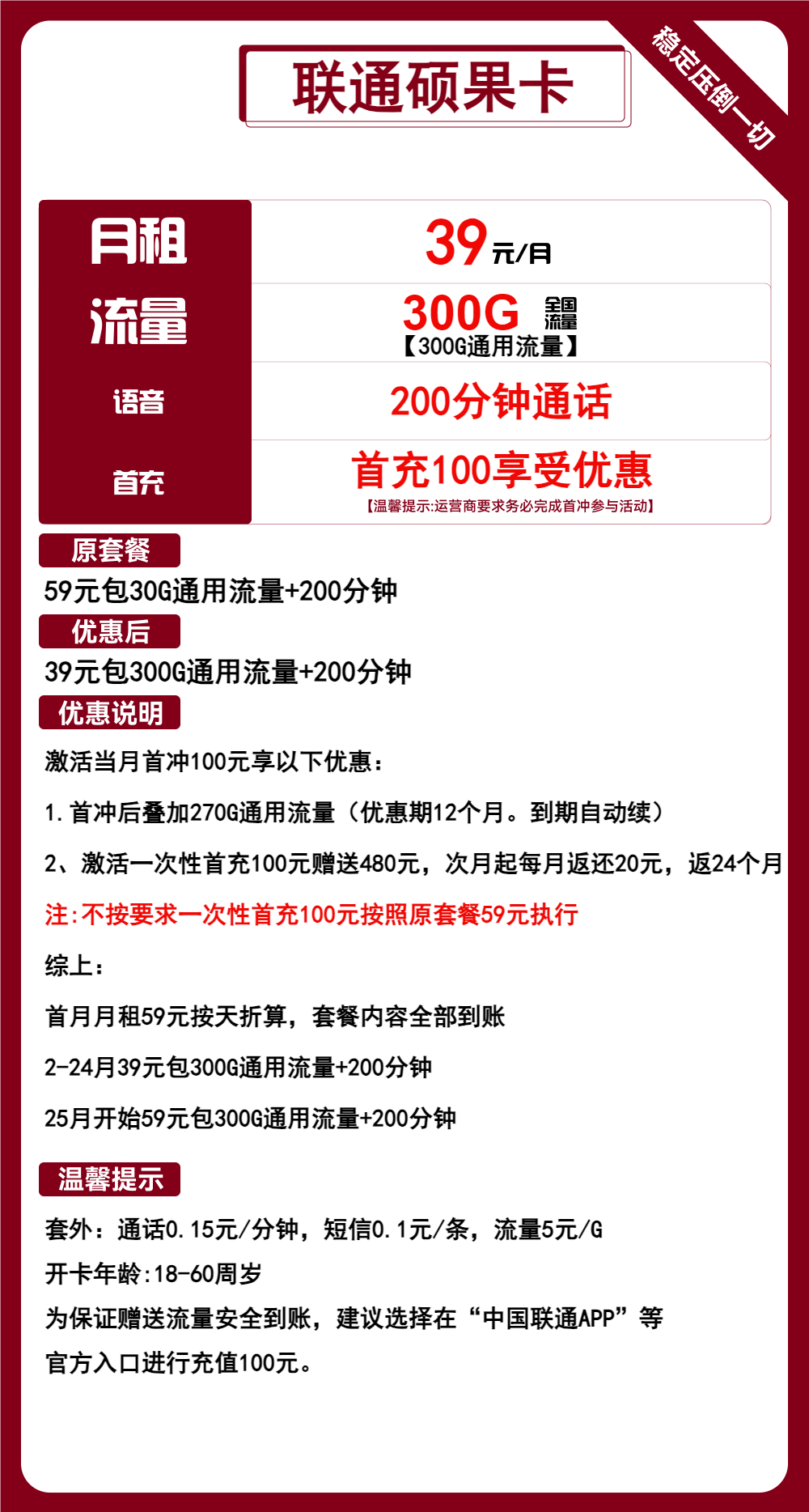 联通硕果卡39元包300G通用+200分钟通话