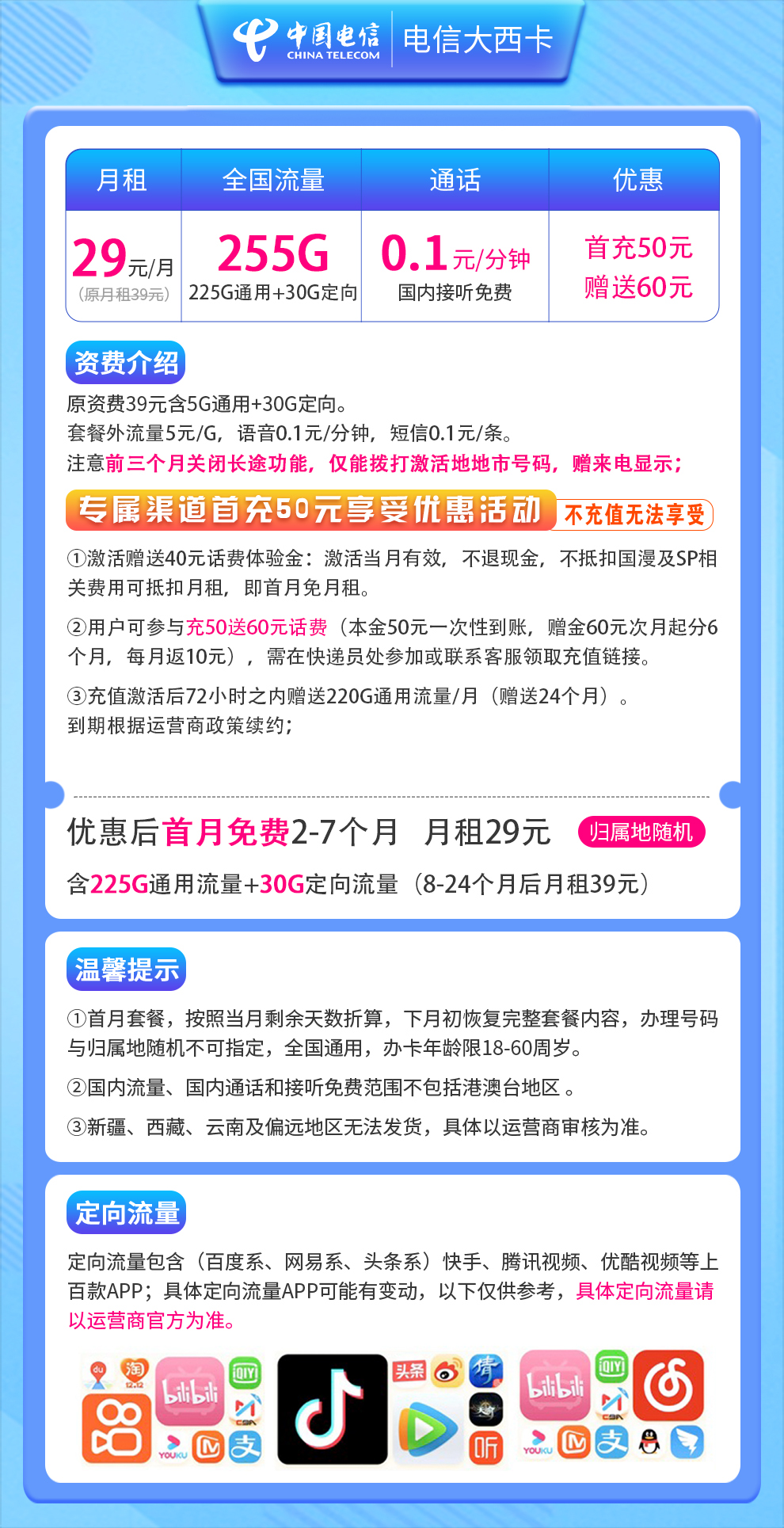 电信大西卡29元255G 通话0.1元