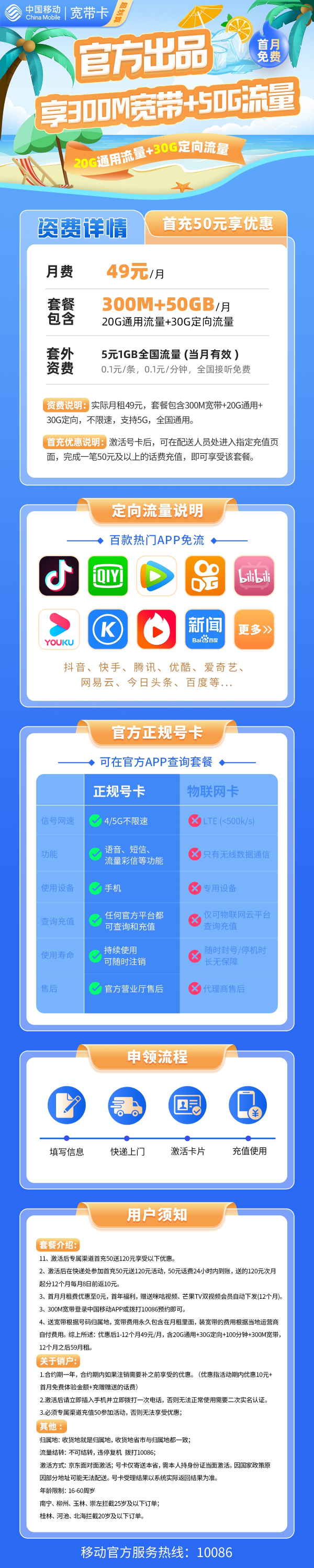 MF移动宽带卡49元包20G通用流量+30G定向流量+100分钟通话