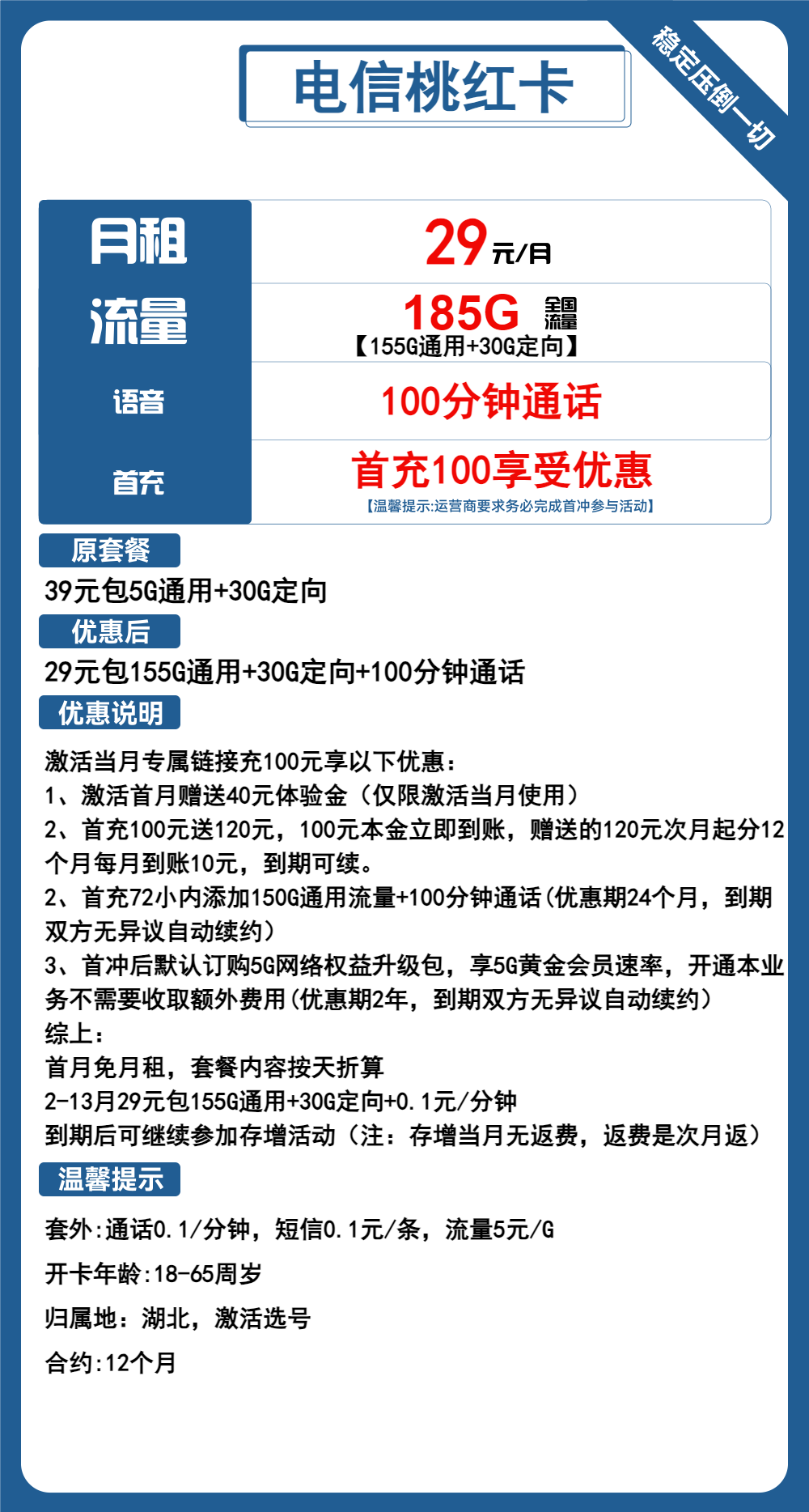 电信桃红卡29元包155G通用+30G定向+100分钟通话