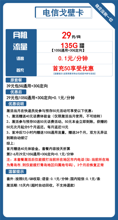 电信戈壁卡29元包105G通用+30G定向+通话0.1元/分钟